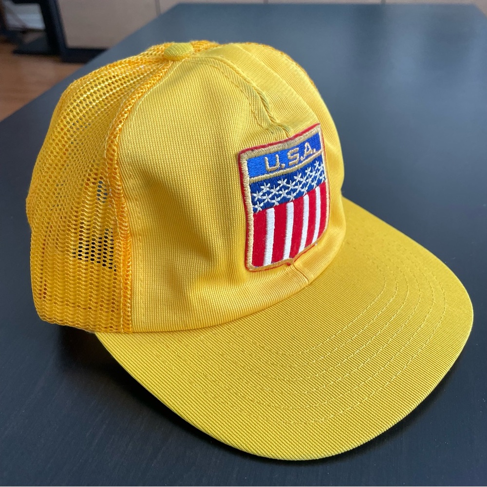 Vintage USA Trucker Snapback Hat Farmer Cap Yellow Mesh 1980s Americana Pat